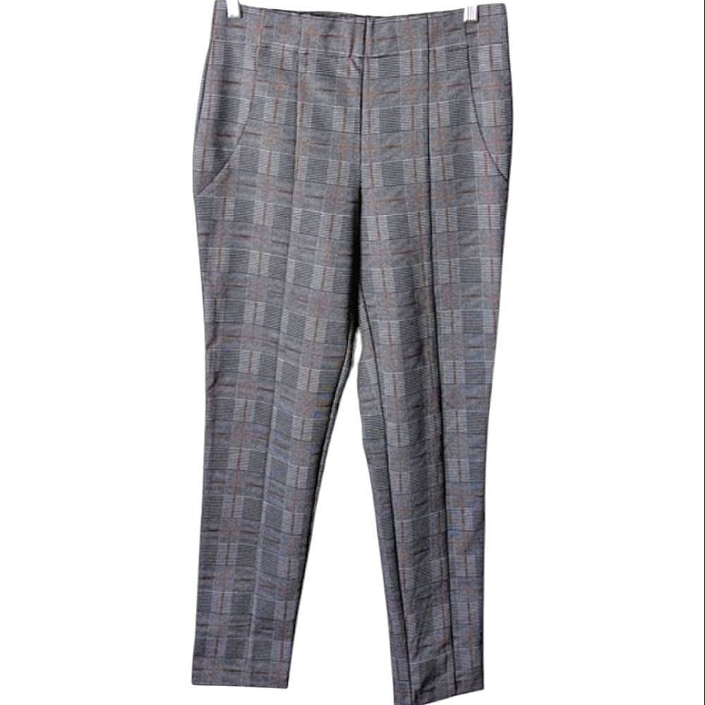 JONES & CO Grey Black High Rise Windowpane Plaid Stretch Trousers M 10 12 14